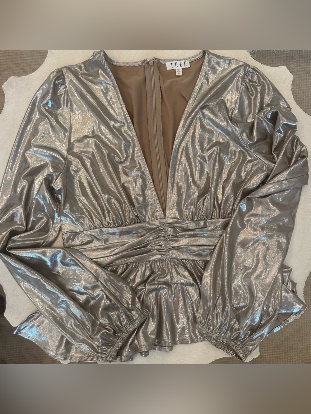 TCEC Metallic Silver V-Neck Long Sleeve Dress